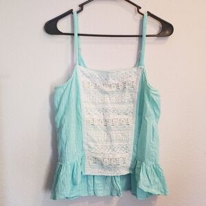 E by Eloise aqua linen tank top with white lace women's size M